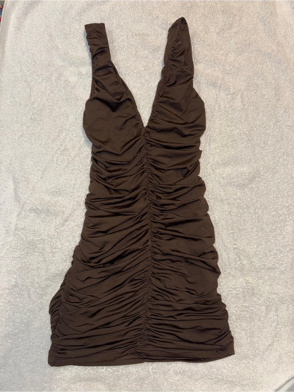 Beginning Boutique Chocolate Brown Ruched Mini Dress